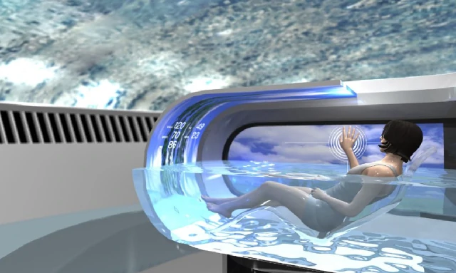 La imagen muestra una cápsula de baño futurista con un diseño avanzado. Dentro de la cápsula transparente, hay una persona relajándose en agua, con controles digitales visibles a su alrededor. La cápsula parece flotar en un espacio que recuerda al interior de una nave espacial o una estación orbital, con vistas al espacio exterior a través de grandes ventanas. Es una representación de cómo podría ser el futuro del cuidado personal y la higiene, combinando tecnología y comodidad.