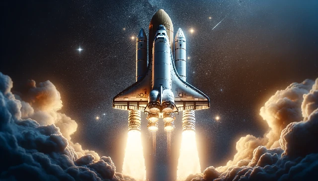Un transbordador espacial con tecnología avanzada despega poderosamente en una noche estrellada, con brillantes llamaradas de sus motores principales y nubes de humo a su alrededor.