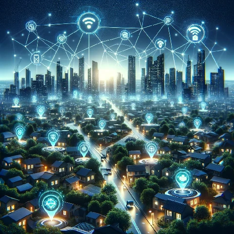 la minería de Helium, mostrando un paisaje urbano futurista con dispositivos IoT interconectados a través de una red descentralizada de hotspots Helium.