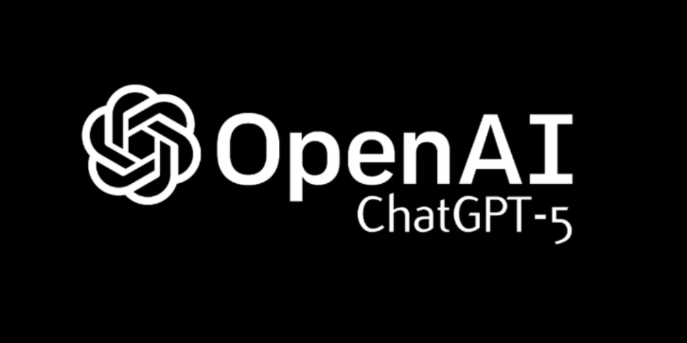 Logo de OpenAI ChatGPT-5 en blanco y negro. El logo consiste en un símbolo abstracto formado por tres bandas entrelazadas situadas a la izquierda del texto. A la derecha, aparecen las palabras 'OpenAI ChatGPT-5' en tipografía moderna y minimalista.