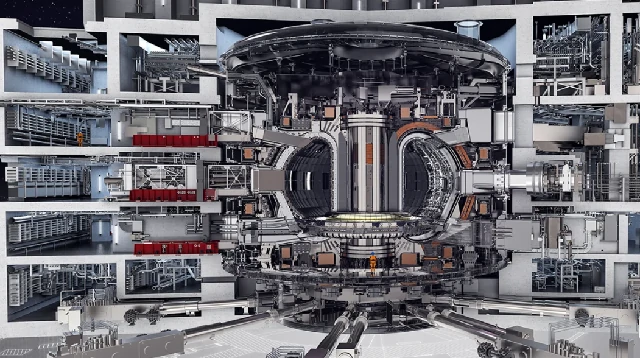 Vista detallada del interior del reactor de fusión nuclear ITER, mostrando su compleja estructura y componentes, en fase de construcción.