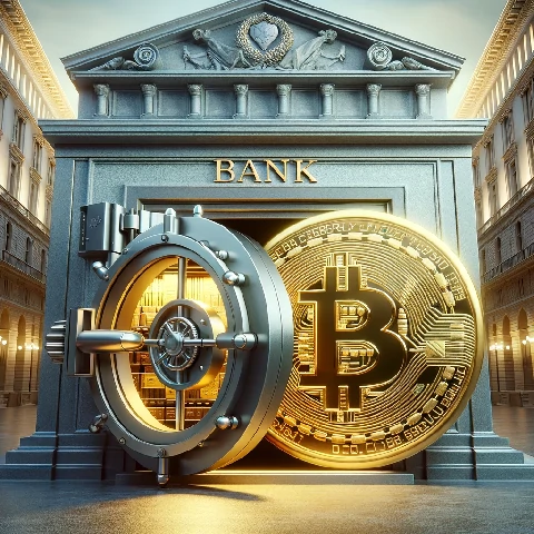 un gran símbolo de Bitcoin dorado dentro de una caja fuerte abierta con un edificio bancario tradicional de fondo.